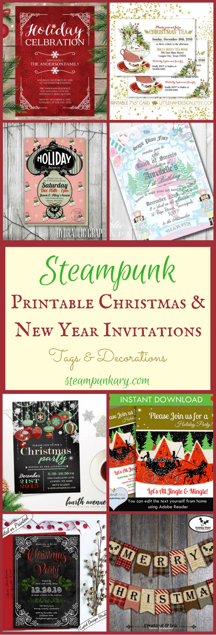 Steampunk Printable Christmas & New Year Invitations Tags & Decorations